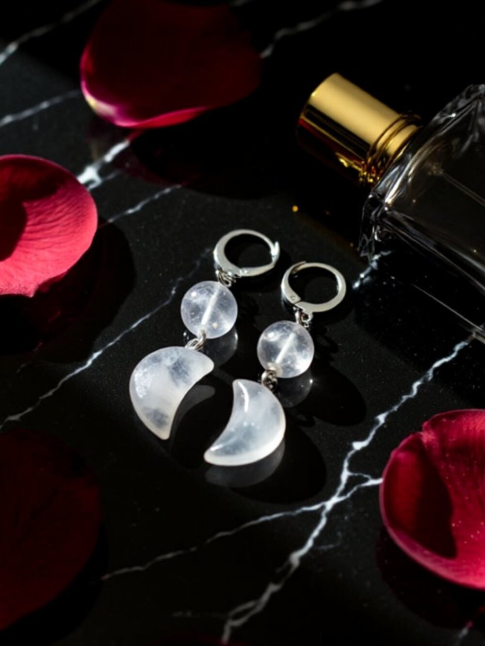 Celestial Crescent Moon Danglers ~ Stunning Quartz Earrings ~ Leverbacks